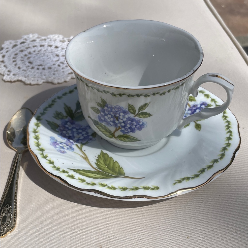 TRULY White Teacup & Saucer with Blue Floral Hydrangea Design